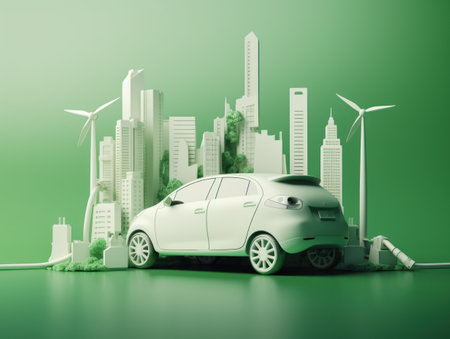 Green energy and sustainable concept, electric car and green city paper cut art. Generative AIの素材