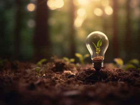 Tree growing on light bulb with sunshine in nature. saving energy and eco concept. Generative AIの素材