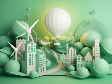 Green energy and sustainable concept, electric car and green city paper cut art. Generative AIの素材