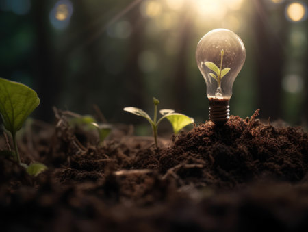 Tree growing on light bulb with sunshine in nature. saving energy and eco concept. Generative AIの素材