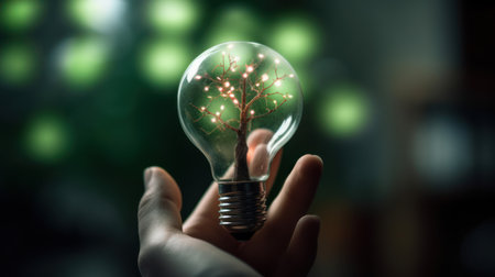 A small tree planted in an energy-saving light bulb, holding by a hand, green energy. Generative AIの素材