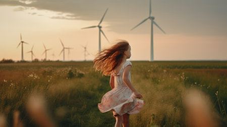Adorable girl standing in wind turbine field. Green alternative energy, Generative AIの素材