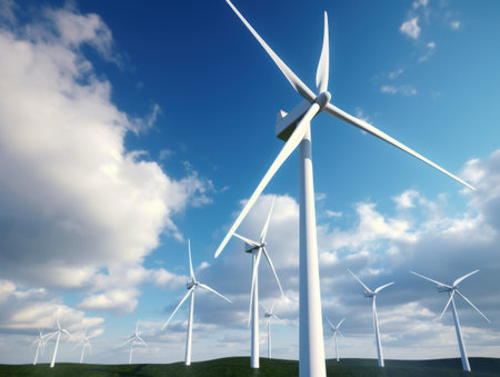 Wind turbines generating electricity with blue sky, energy conservation concept. Generative AIの素材