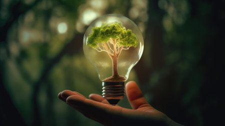 A small tree planted in an energy-saving light bulb, holding by a hand, green energy. Generative AIの素材
