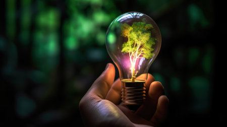 A small tree planted in an energy-saving light bulb, holding by a hand, green energy. Generative AIの素材