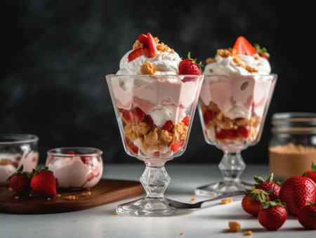 Ice cream sundae with strawberry sauce on white table. Generative AIの素材