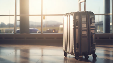 Travel suitcase with airport defocused background. Generative AIの素材