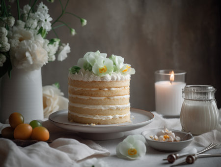 Beautiful vanila cake on the table. Generative AIの素材