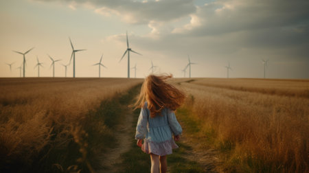 Adorable girl standing in wind turbine field. Green alternative energy, Generative AIの素材