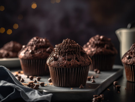 chocolate cupcake on dark wooden background. Generative AIの素材