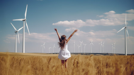 Adorable girl standing in wind turbine field. Green alternative energy, Generative AIの素材