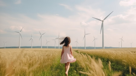 Adorable girl standing in wind turbine field. Green alternative energy, Generative AIの素材