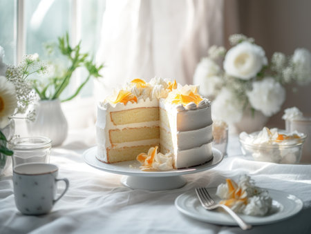 Beautiful vanila cake on the table. Generative AIの素材
