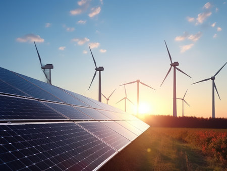 Wind turbines and solar panels. Green energy concept. Generative AIの素材