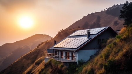 eco-friendly house with solar panels on the roof surrounded by green nature. Generative AIの素材