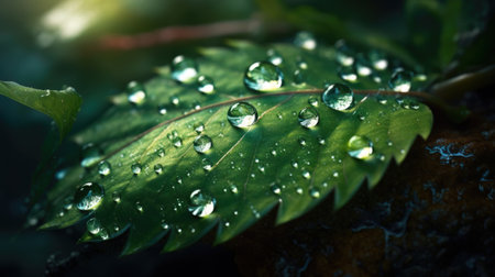 Close up view of raindrops on green leaf. Generative AIの素材