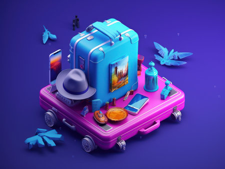 Colorful travel and summer concept with suitcase with colorful background. Generative AIの素材