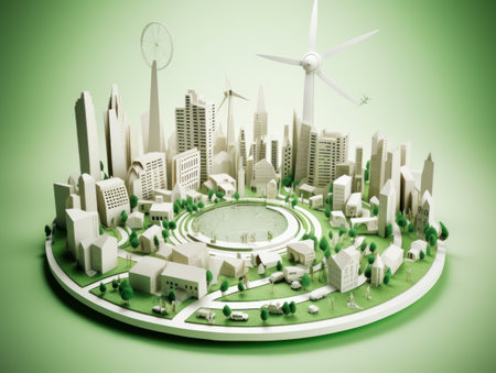 Green energy and sustainable concept, electric car and green city paper cut art. Generative AIの素材