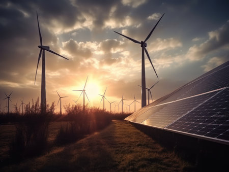 Wind turbines and solar panels. Green energy concept. Generative AIの素材