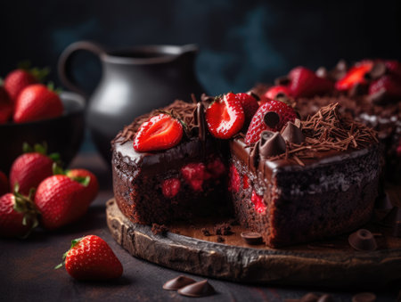 Chocolate cake with fresh strawberries. Generative AIの素材