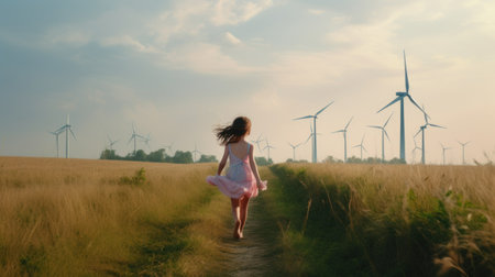 Adorable girl standing in wind turbine field. Green alternative energy, Generative AIの素材