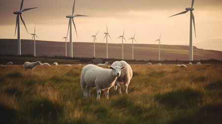 Sheep grazing near wind turbines on the mountain. Generative AIの素材