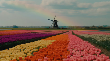 Colorful open field with beautiful tulips. Generative AIの素材