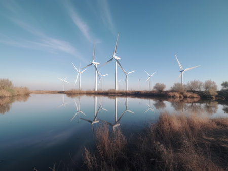 Turbines next to the river. Green energy and eco environment concept. Generative AIの素材