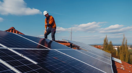 Alternative green energy, solar panels on the roof top of the house. Generative AIの素材