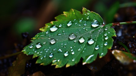 Close up view of raindrops on green leaf. Generative AIの素材