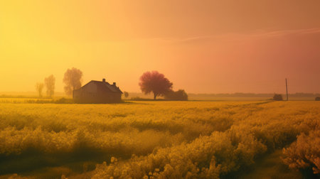 Beautiful local farm with sunset in the countryside field. Generative AIの素材