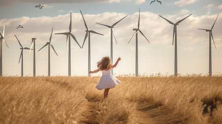 Adorable girl standing in wind turbine field. Green alternative energy, Generative AIの素材