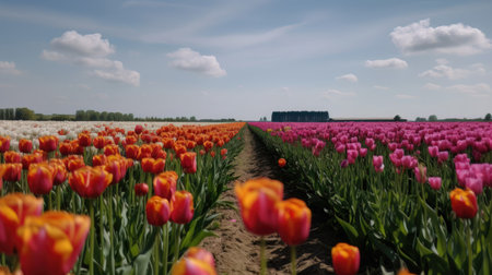 Colorful open field with beautiful tulips. Generative AIの素材