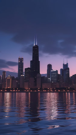 Cityscape of chicago at dusk with lights from the skyline. Generative AIの素材