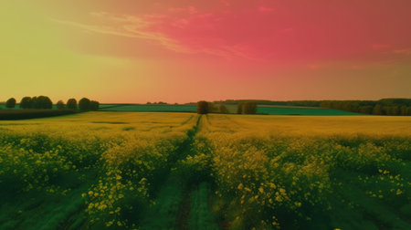 Beautiful local farm with sunset in the countryside field. Generative AIの素材