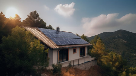 eco-friendly house with solar panels on the roof surrounded by green nature. Generative AIの素材
