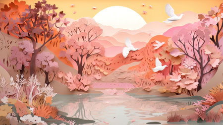 Autumn nature, landscape art paper cut. Generative AIの素材