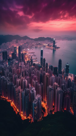 Beautiful pink sky sunlight above the city. Generative AIの素材