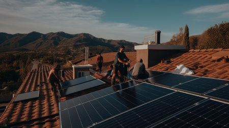 Alternative green energy, solar panels on the roof top of the house. Generative AIの素材