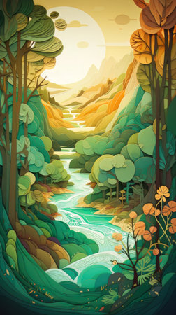 Paper cut art work with green nature forest. Generative AIの素材