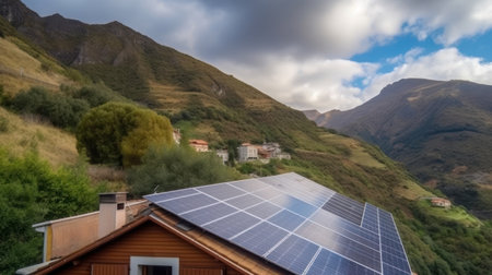 eco-friendly house with solar panels on the roof surrounded by green nature. Generative AIの素材