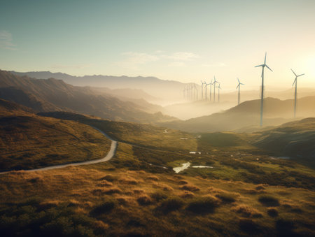 Wind turbines on beautiful sunny summer autumn mountain landsape. Generative AIの素材