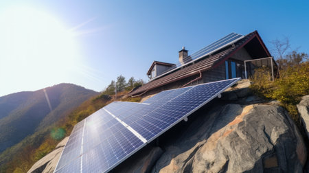 eco-friendly house with solar panels on the roof surrounded by green nature. Generative AIの素材