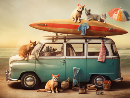 Adorable cat sittign on the car, ready for travel, summer concept. Generative AIの素材