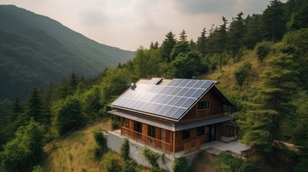 eco-friendly house with solar panels on the roof surrounded by green nature. Generative AIの素材