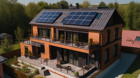 Alternative green energy, solar panels on the roof top of the house. Generative AIの素材