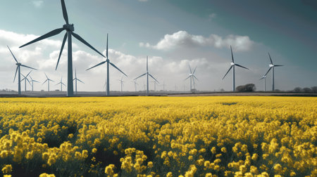 Wind turbine in a yellow flower field, Alternative energy. Generative AIの素材