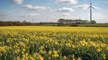 Wind turbine in a yellow flower field, Alternative energy. Generative AIの素材