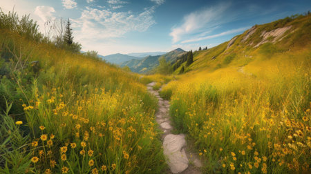 trail leading onto mountains with flowering meadows. Generative AIの素材