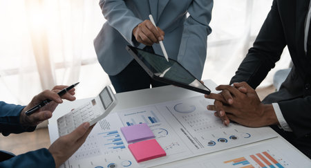 Business people Presentation planning or graph for target goal. Corporate executive team, leader and infographic vision on tablet, marketing and motivation in officeの写真素材